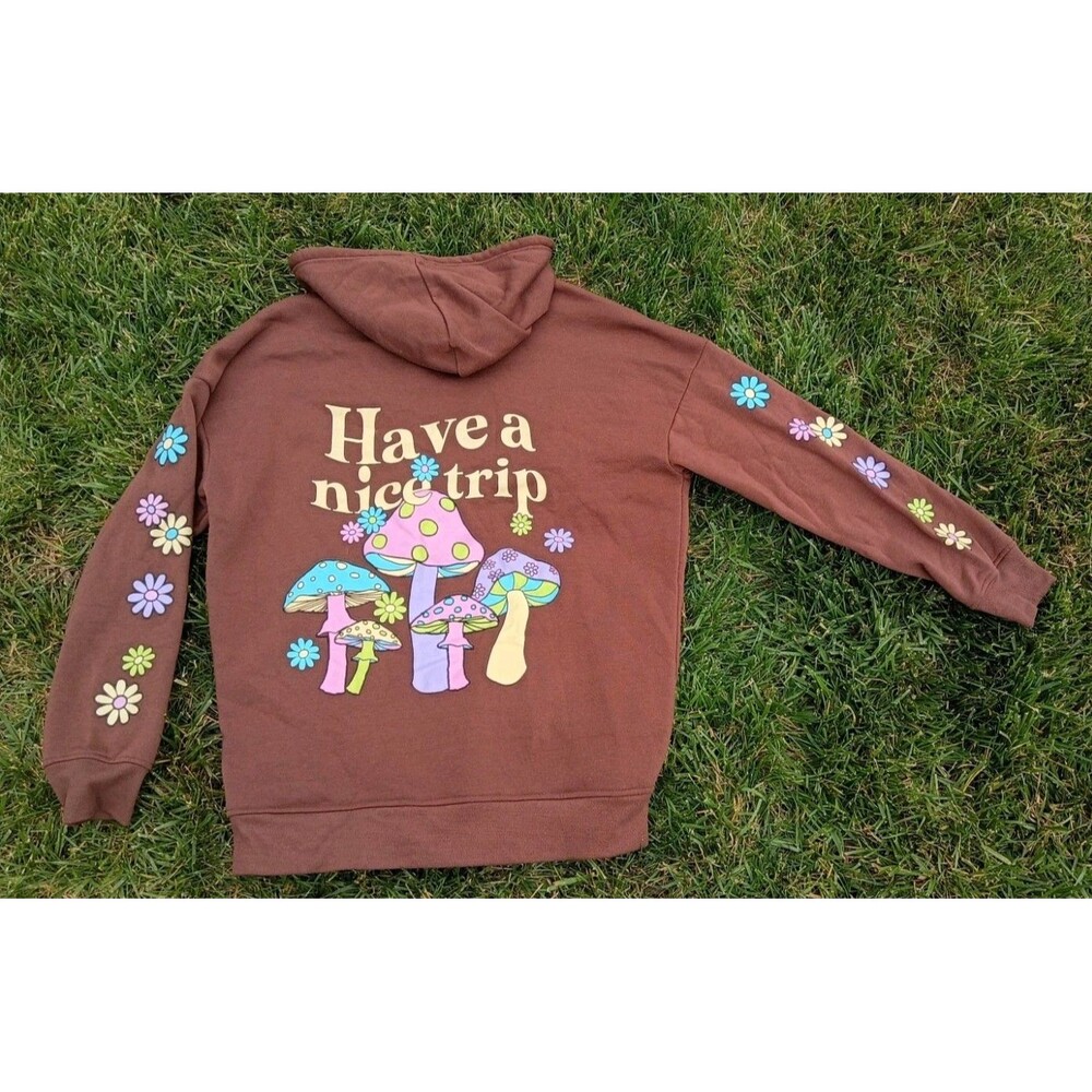 Faded Rise Mushroom Graphic Zip Hoodie Brown Have A Nice Trip Festival Boho Y2K - Picture 2 of 8